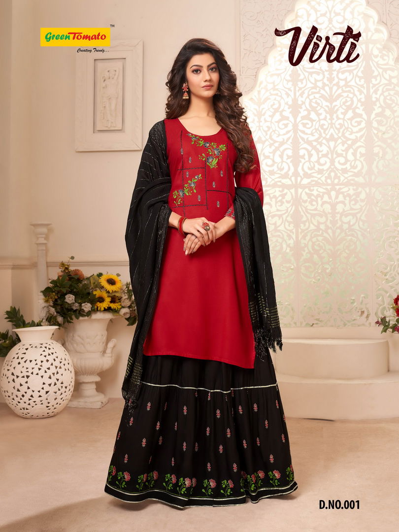 Master Virti Designer Latest Heavy Rayon Top With Embroidery Work Kurti With Skirt And Fancy Dupatta Collection